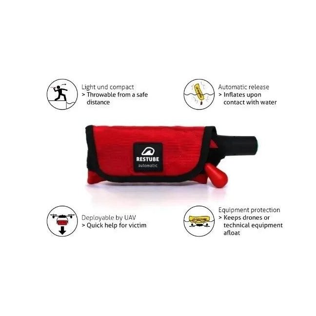 Restube Automatic key features — throwable, auto-inflating, drone deployable